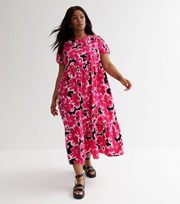 New Look Curves Pink Floral Oversized Midi Smock Dress